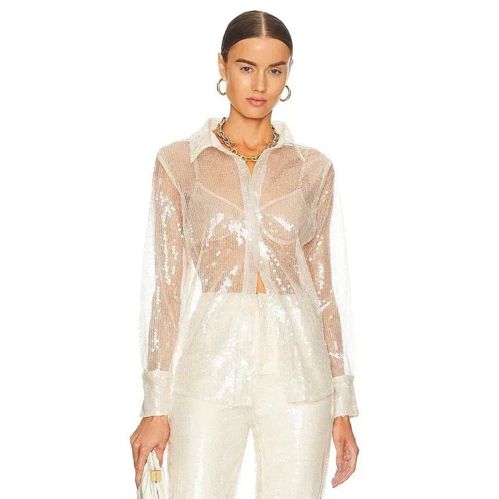 More To Come Revolve Ivory Sequin 2 Piece Sheer Button Down Shirt Pants Set M/L - Picture 4 of 11